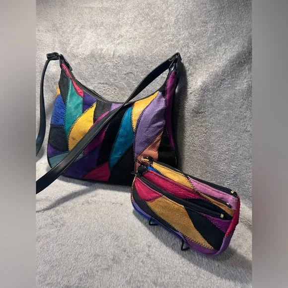 Vtg 80s La Covina Multicolored Recycled Leather Patchwork Shoulder Bag w/ Wallet - Picture 2 of 16